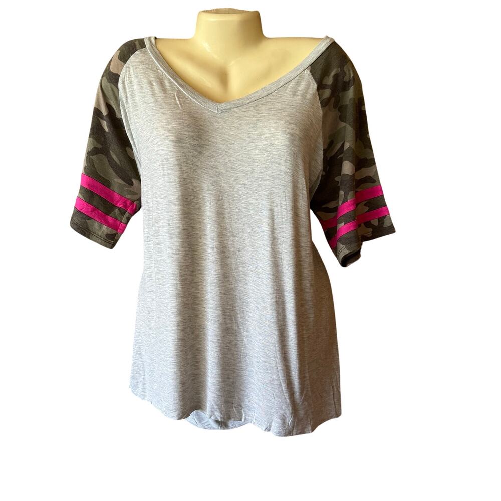 Haptics Gray Tshirt with Green Camo and Pink Accents
